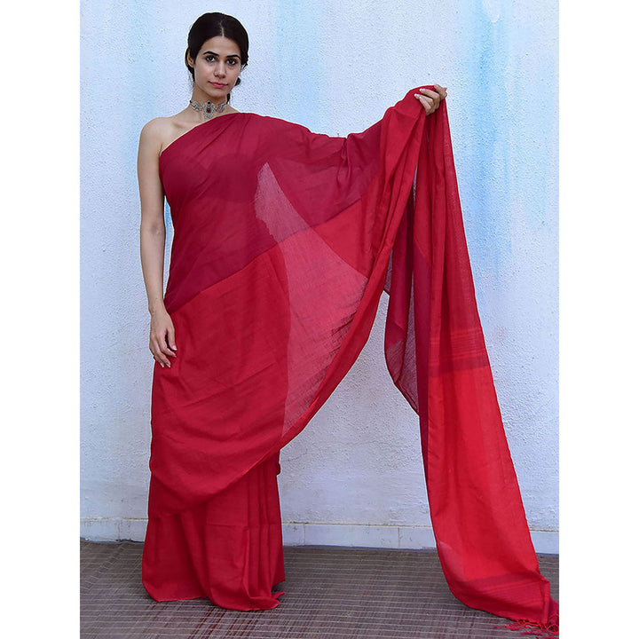 Chidiyaa Leela Blush Red Handwoven Cotton Saree with Unstitched Blouse