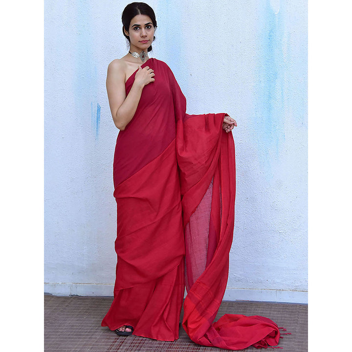 Chidiyaa Leela Blush Red Handwoven Cotton Saree with Unstitched Blouse