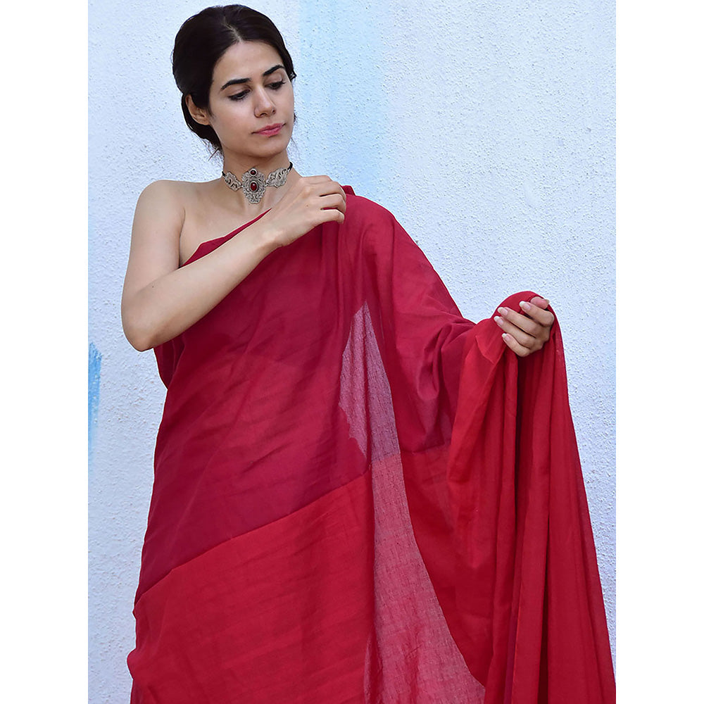 Chidiyaa Leela Blush Red Handwoven Cotton Saree with Unstitched Blouse