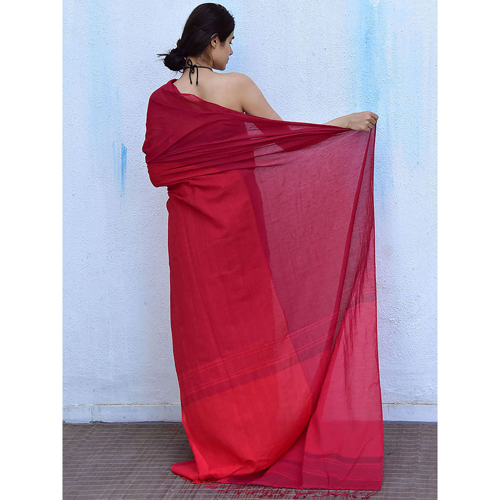 Chidiyaa Leela Blush Red Handwoven Cotton Saree with Unstitched Blouse