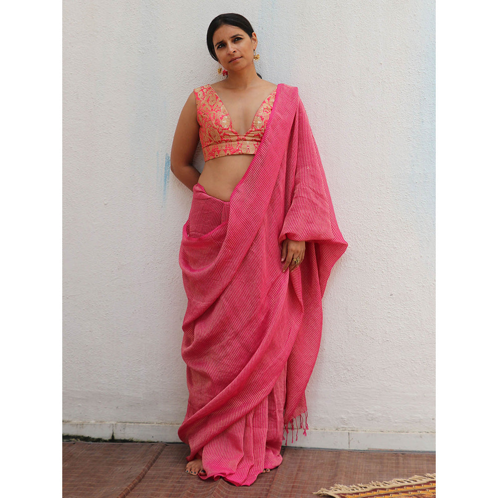 Chidiyaa Thread of Gold Opal Handwoven Linen Zari Saree with Unstitched Blouse