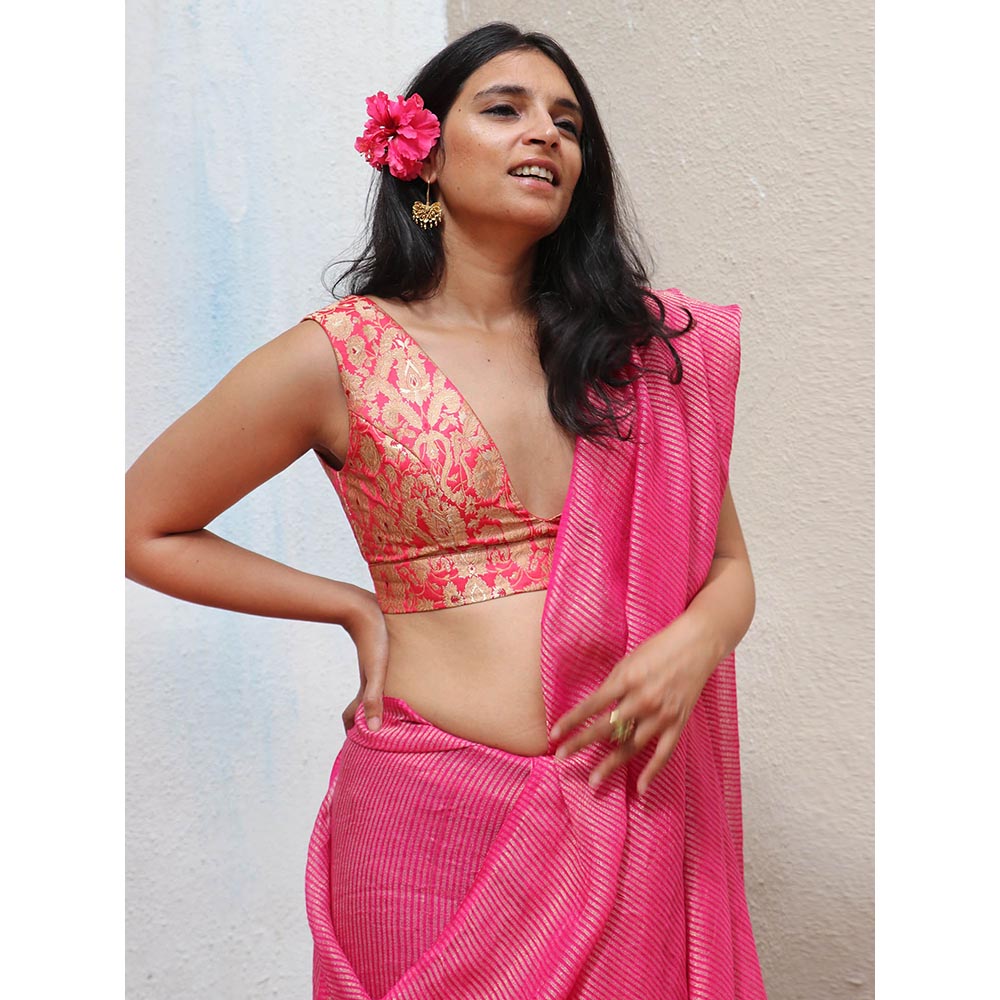 Chidiyaa Thread of Gold Opal Handwoven Linen Zari Saree with Unstitched Blouse