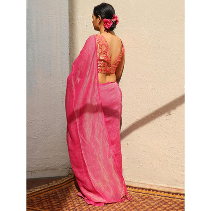 Chidiyaa Thread of Gold Opal Handwoven Linen Zari Saree with Unstitched Blouse