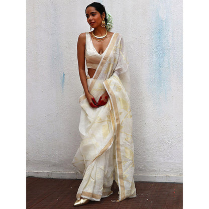 Chidiyaa Juhi Mogra Albina Jamdani Handwoven Linen Saree with Unstitched Blouse