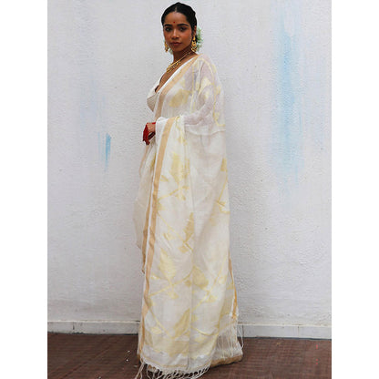 Chidiyaa Juhi Mogra Albina Jamdani Handwoven Linen Saree with Unstitched Blouse