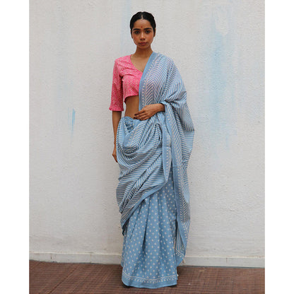 Chidiyaa Paakhi Amortentia Sky Blue Hand Block Printed Cotton Saree with Unstitched Blouse