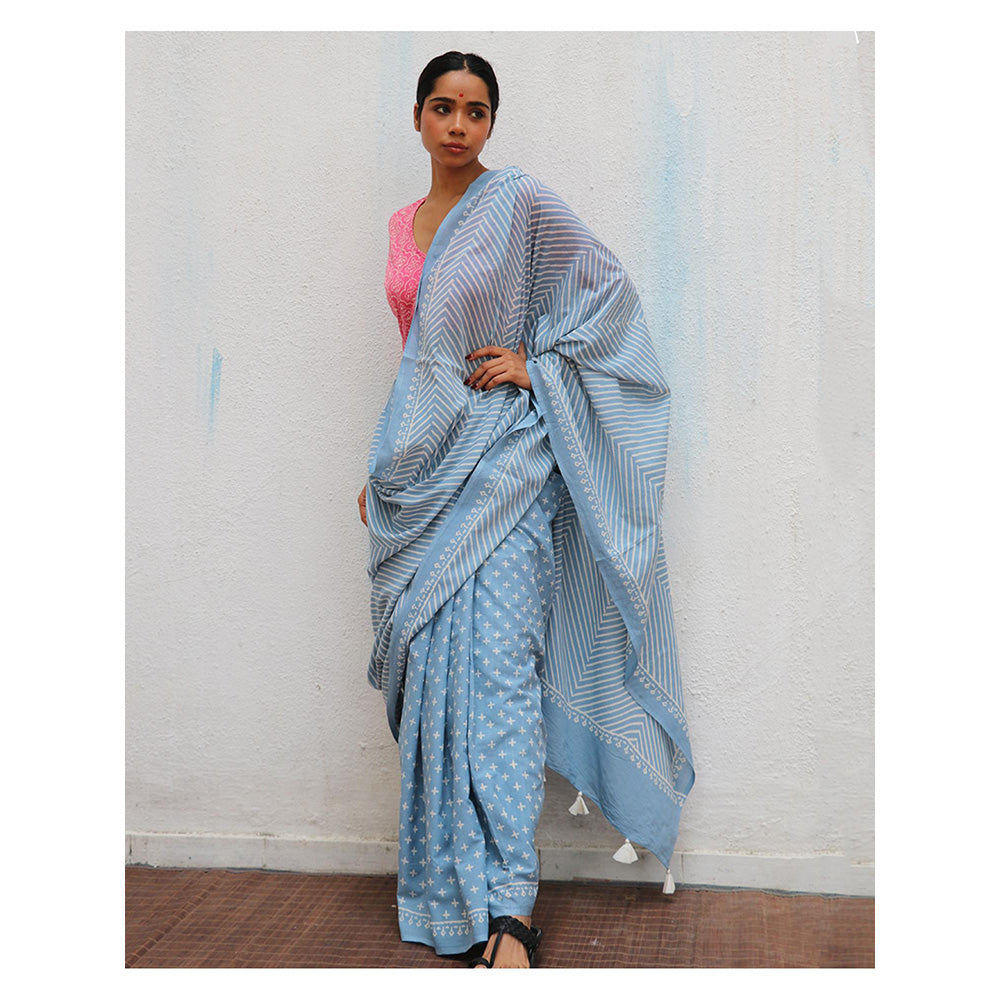 Chidiyaa Paakhi Amortentia Sky Blue Hand Block Printed Cotton Saree with Unstitched Blouse