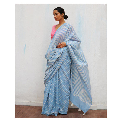 Chidiyaa Paakhi Amortentia Sky Blue Hand Block Printed Cotton Saree with Unstitched Blouse
