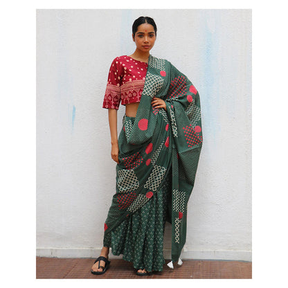 Chidiyaa Paakhi Juliet'S Waltz Green Hand Block Printed Cotton Saree with Unstitched Blouse