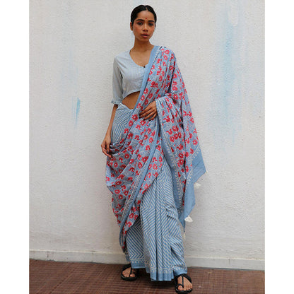 Chidiyaa Paakhi Folk Flowers Handprinted Cotton Saree with Unstitched Blouses