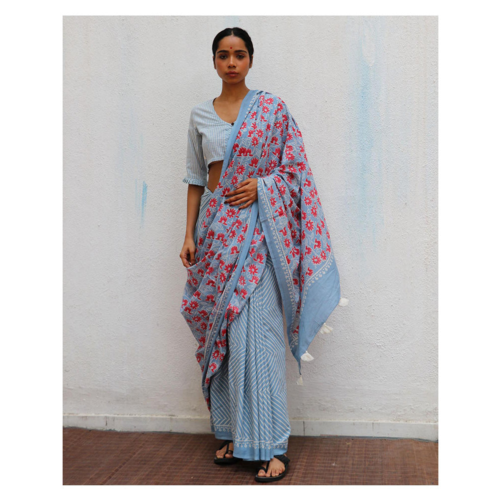 Chidiyaa Paakhi Folk Flowers Handprinted Cotton Saree with Unstitched Blouses