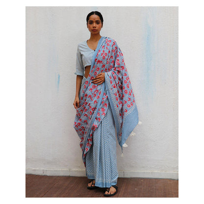 Chidiyaa Paakhi Folk Flowers Handprinted Cotton Saree with Unstitched Blouses