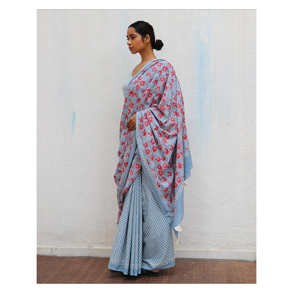 Chidiyaa Paakhi Folk Flowers Handprinted Cotton Saree with Unstitched Blouses