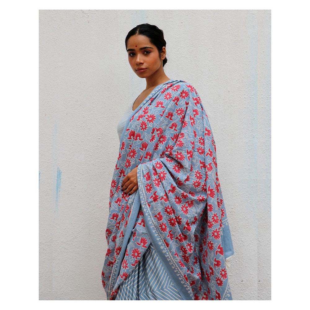 Chidiyaa Paakhi Folk Flowers Handprinted Cotton Saree with Unstitched Blouses