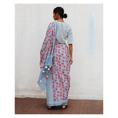 Chidiyaa Paakhi Folk Flowers Handprinted Cotton Saree with Unstitched Blouses