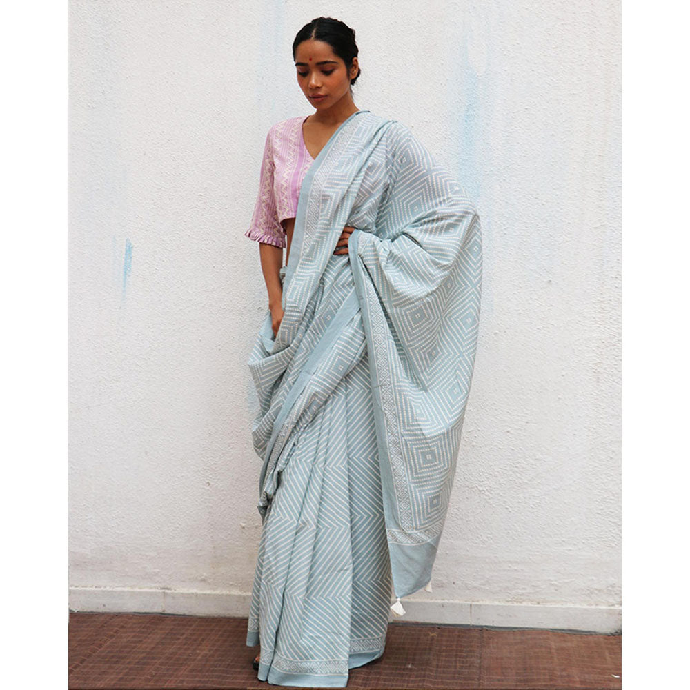 Chidiyaa Paakhi Crystal Cascade Blue Hand Block Printed Cotton Saree with Unstitched Blouse