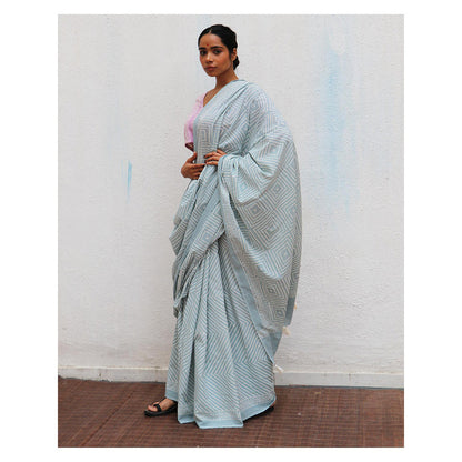 Chidiyaa Paakhi Crystal Cascade Blue Hand Block Printed Cotton Saree with Unstitched Blouse