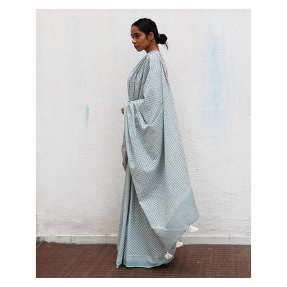 Chidiyaa Paakhi Crystal Cascade Blue Hand Block Printed Cotton Saree with Unstitched Blouse