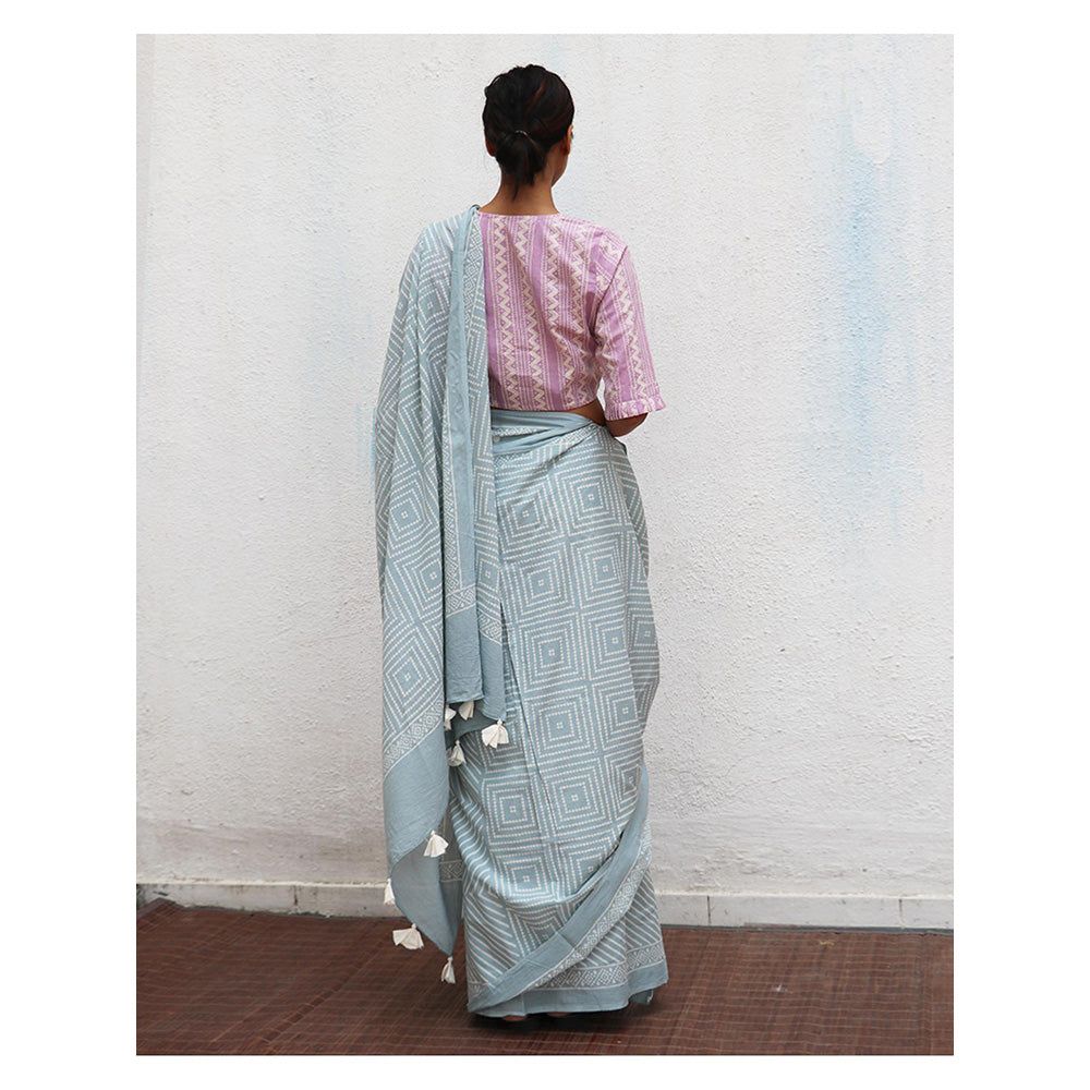 Chidiyaa Paakhi Crystal Cascade Blue Hand Block Printed Cotton Saree with Unstitched Blouse
