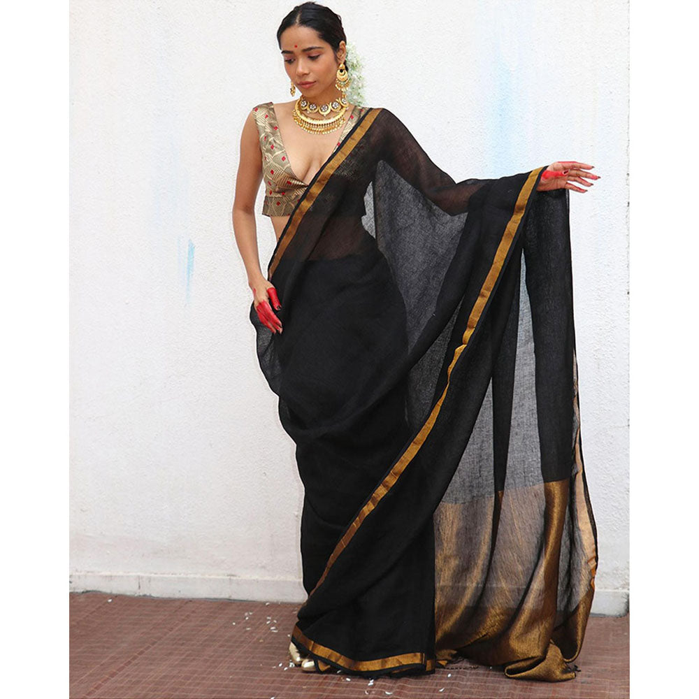 Chidiyaa Chandni Raatein Labanya Handwoven Linen Zari Saree with Unstitched Blouse
