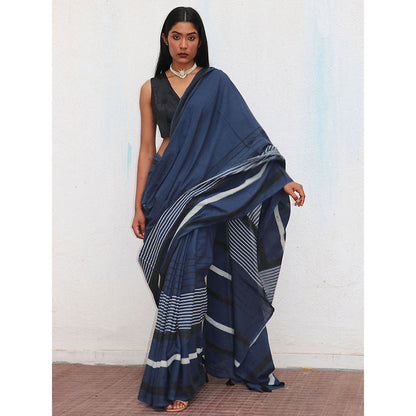 Chidiyaa Nomad Saadiyah Striped Printed Cotton Saree with Unstitched Blouse