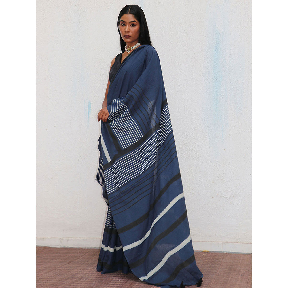 Chidiyaa Nomad Saadiyah Striped Printed Cotton Saree with Unstitched Blouse