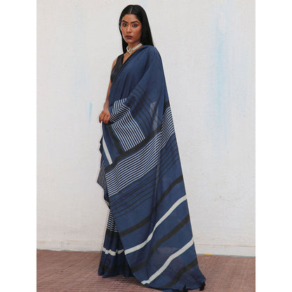 Chidiyaa Nomad Saadiyah Striped Printed Cotton Saree with Unstitched Blouse