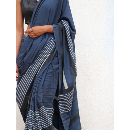Chidiyaa Nomad Saadiyah Striped Printed Cotton Saree with Unstitched Blouse
