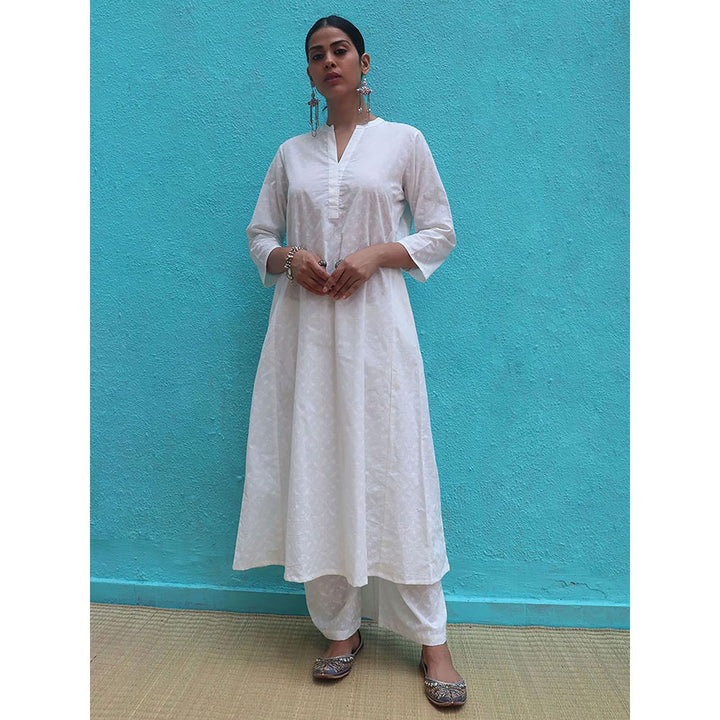 Chidiyaa Safed Mirena White Cotton Kurta With Palazzo (Set of 2)