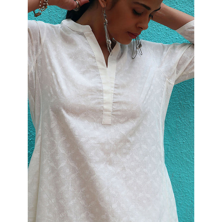 Chidiyaa Safed Mirena White Cotton Kurta With Palazzo (Set of 2)