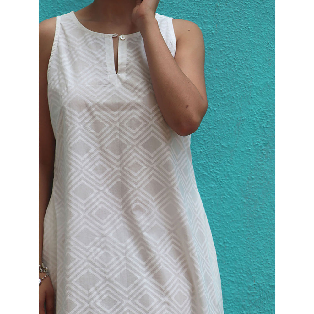 Chidiyaa Safed Ziva White Cotton Block Printed Midi Dress