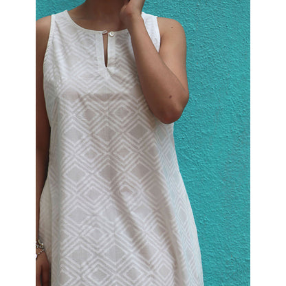 Chidiyaa Safed Ziva White Cotton Block Printed Midi Dress