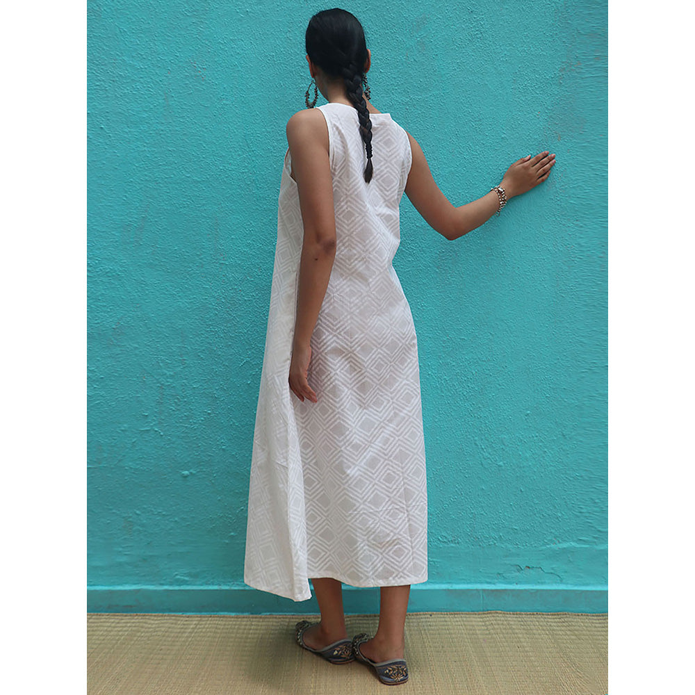 Chidiyaa Safed Ziva White Cotton Block Printed Midi Dress