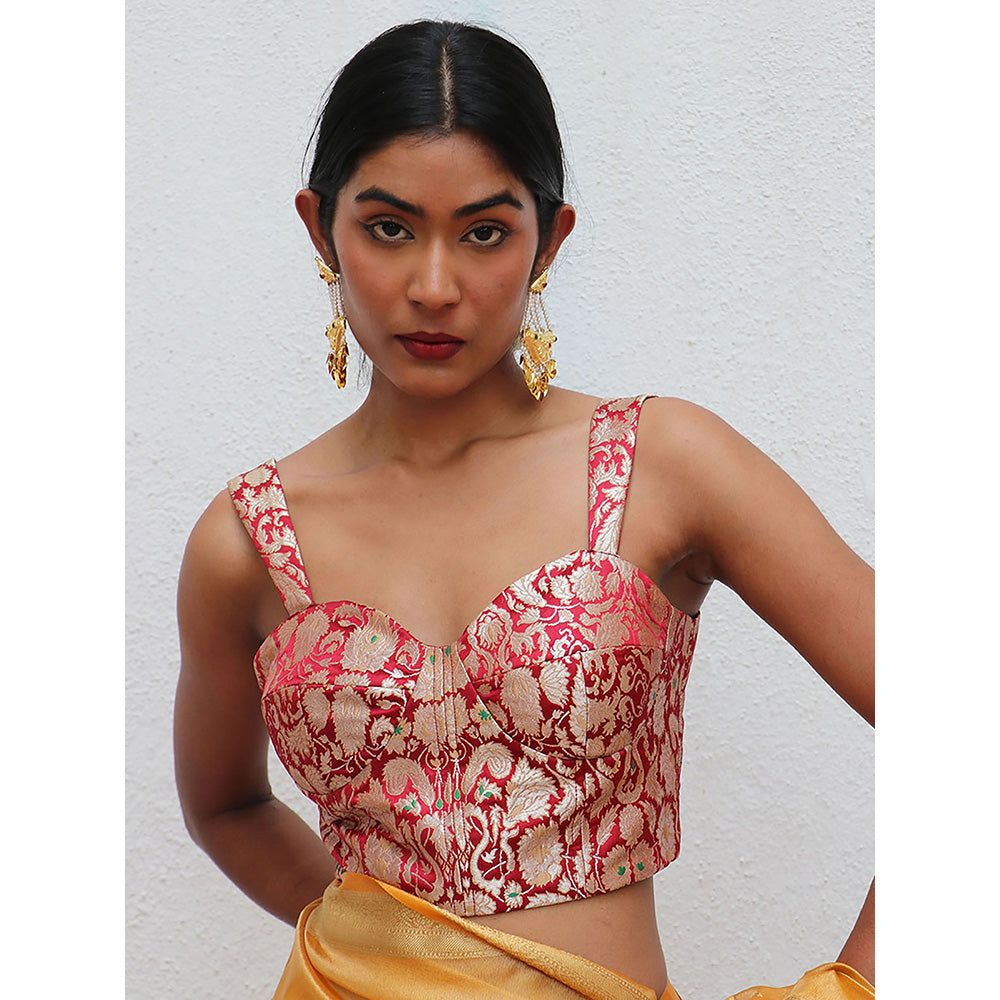 Chidiyaa Nargiz Juhi Khimkab Red Brocade Embroidered Stitched Blouse
