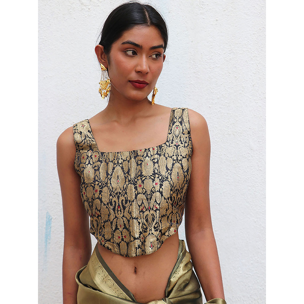 Chidiyaa Nargiz Nausheen Khimkab Black Brocade Embroidered Stitched Blouse