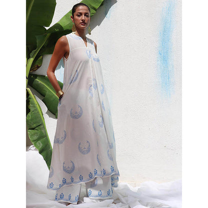 Chidiyaa Walk In The Clouds Iris Handprinted Cotton Kurta & Palazzo (Set of 2)
