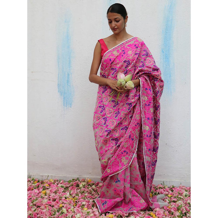 Chidiyaa Gul-E-Farang Handwoven Jamdani Pure Linen Saree without Blouse