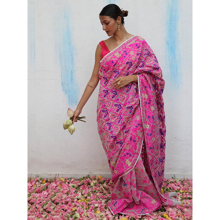 Chidiyaa Gul-E-Farang Handwoven Jamdani Pure Linen Saree without Blouse