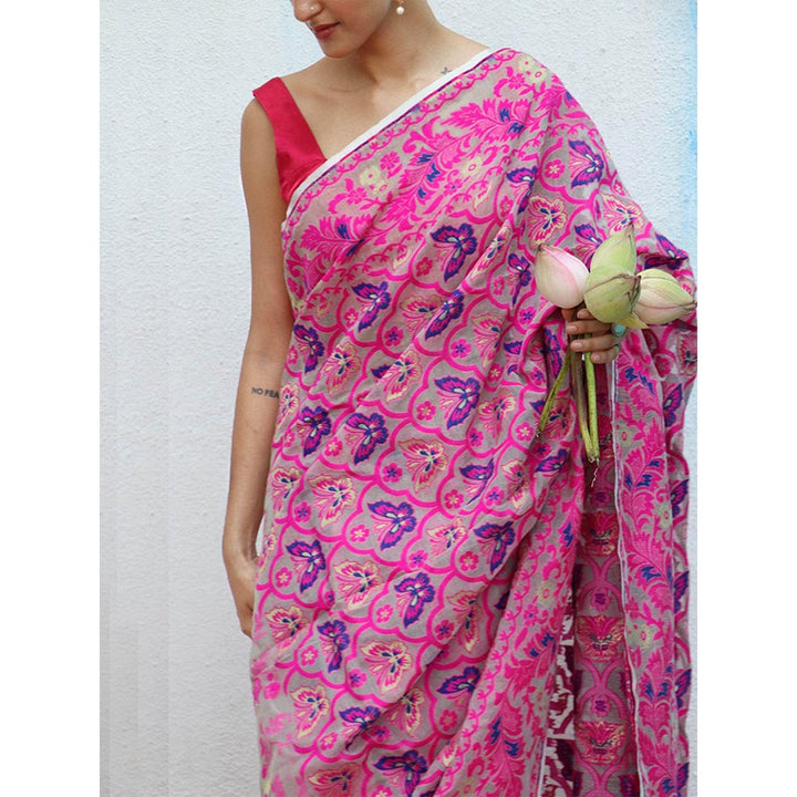 Chidiyaa Gul-E-Farang Handwoven Jamdani Pure Linen Saree without Blouse