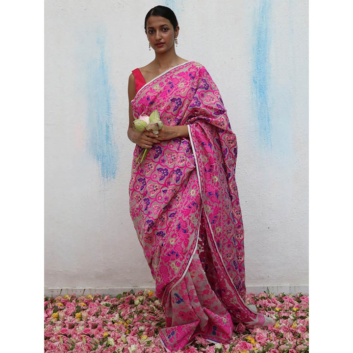 Chidiyaa Gul-E-Farang Handwoven Jamdani Pure Linen Saree without Blouse