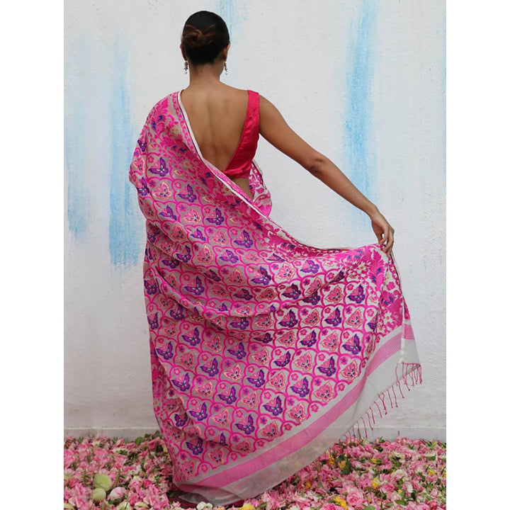 Chidiyaa Gul-E-Farang Handwoven Jamdani Pure Linen Saree without Blouse