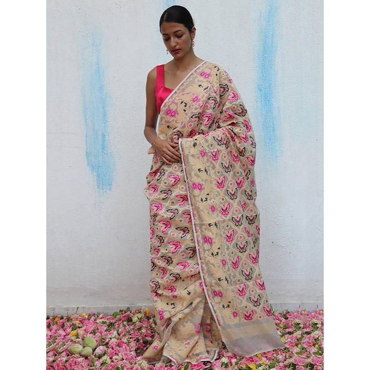 Chidiyaa Gul-Khwaab Handwoven Jamdani Pure Linen Saree without Blouse