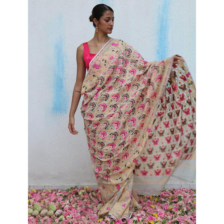 Chidiyaa Gul-Khwaab Handwoven Jamdani Pure Linen Saree without Blouse