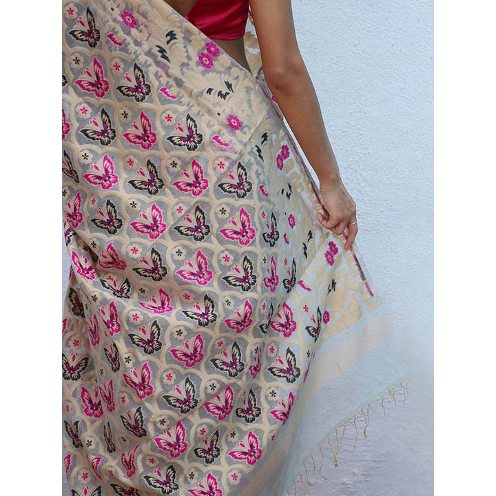 Chidiyaa Gul-Khwaab Handwoven Jamdani Pure Linen Saree without Blouse