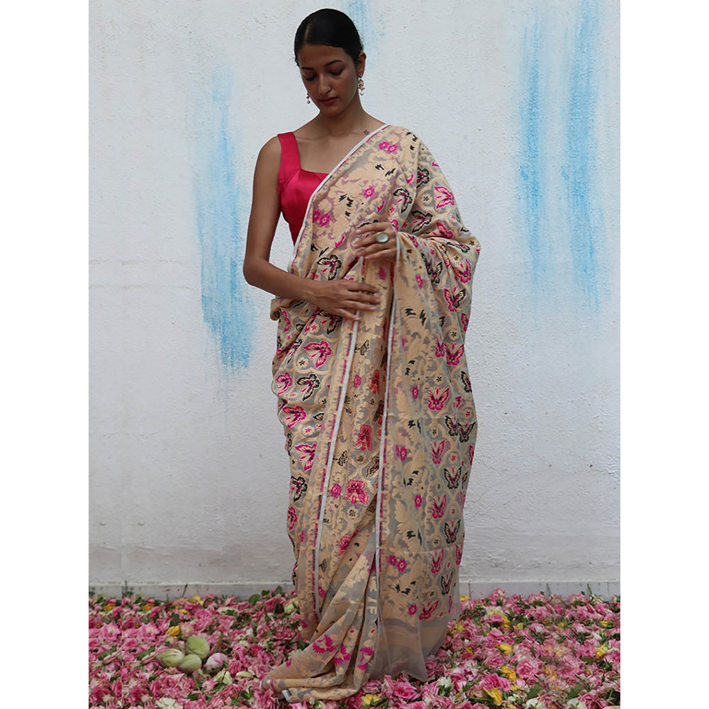 Chidiyaa Gul-Khwaab Handwoven Jamdani Pure Linen Saree without Blouse