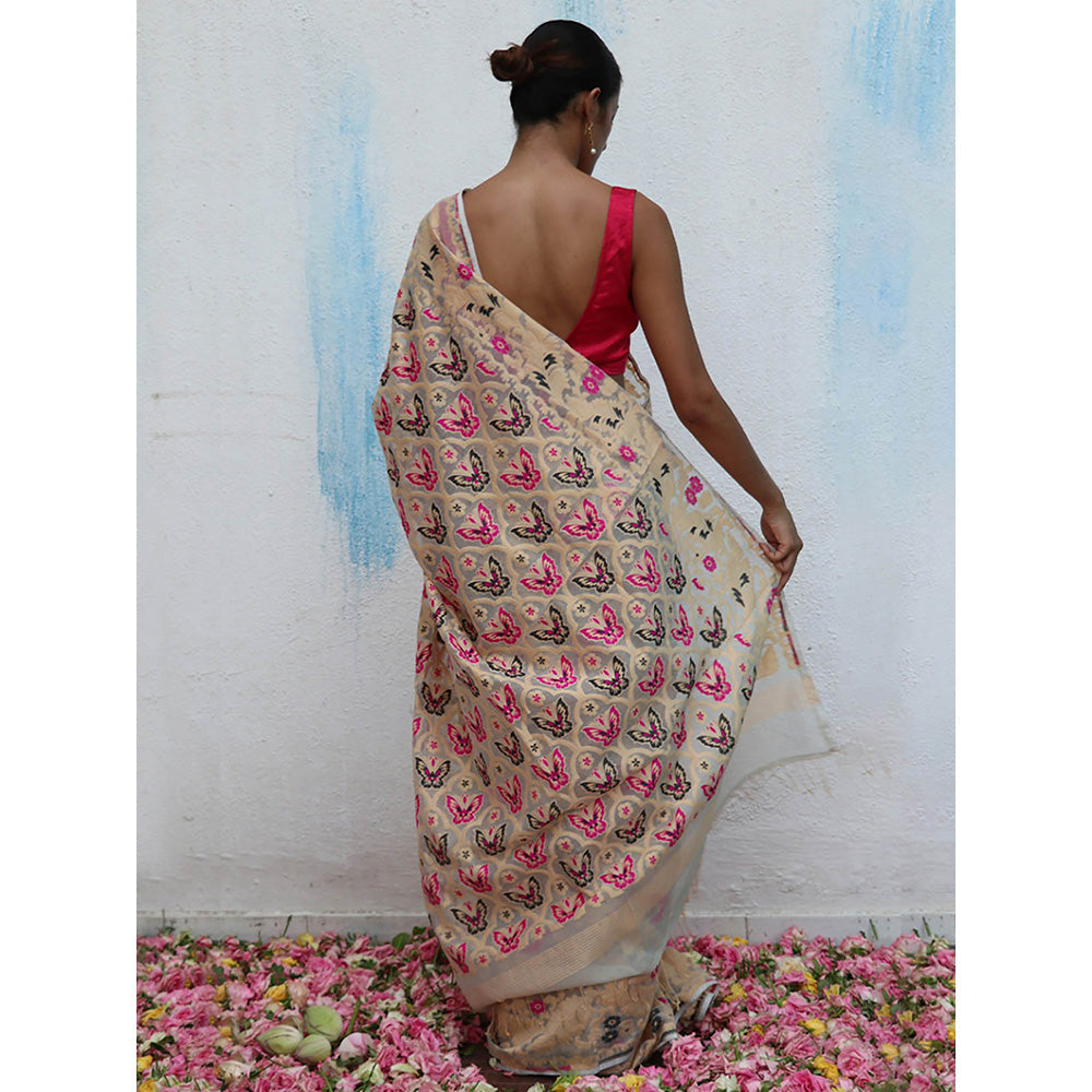 Chidiyaa Gul-Khwaab Handwoven Jamdani Pure Linen Saree without Blouse