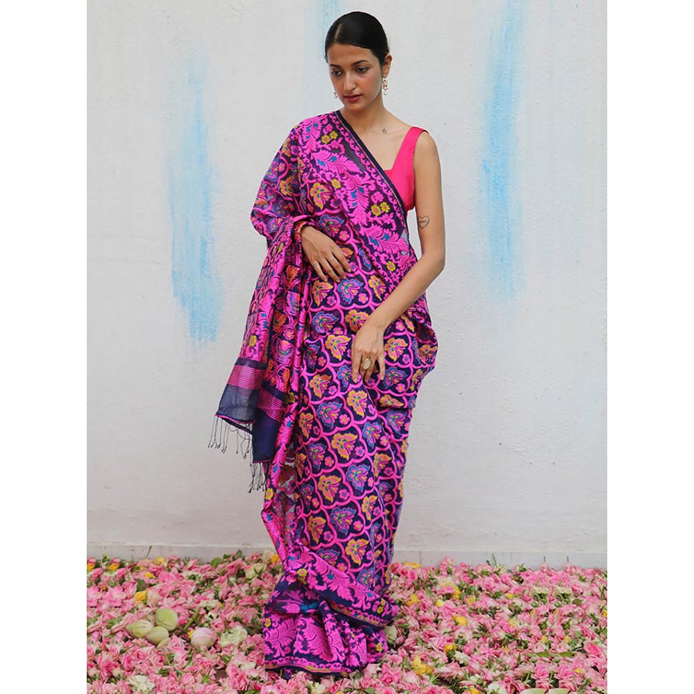 Chidiyaa Chiidyaa Gul-E-Najma Handwoven Jamdani Pure Linen Saree without Blouse