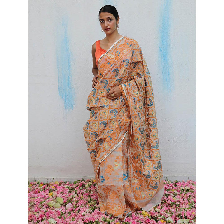 Chidiyaa Gul-E-Ashrafi Handwoven Jamdani Pure Linen Saree without Blouse