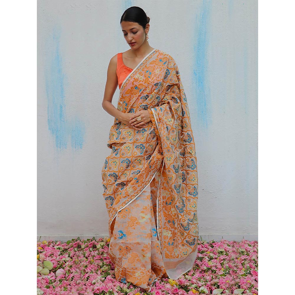 Chidiyaa Gul-E-Ashrafi Handwoven Jamdani Pure Linen Saree without Blouse