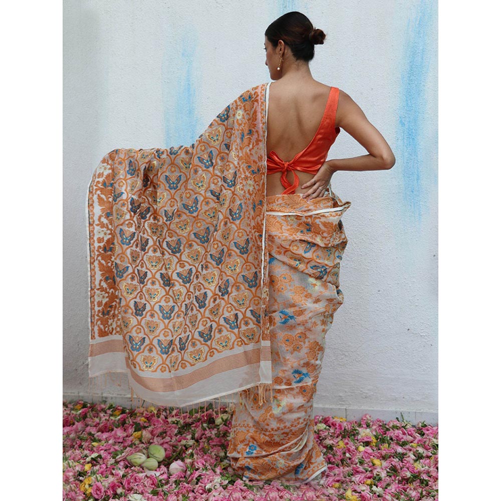 Chidiyaa Gul-E-Ashrafi Handwoven Jamdani Pure Linen Saree without Blouse